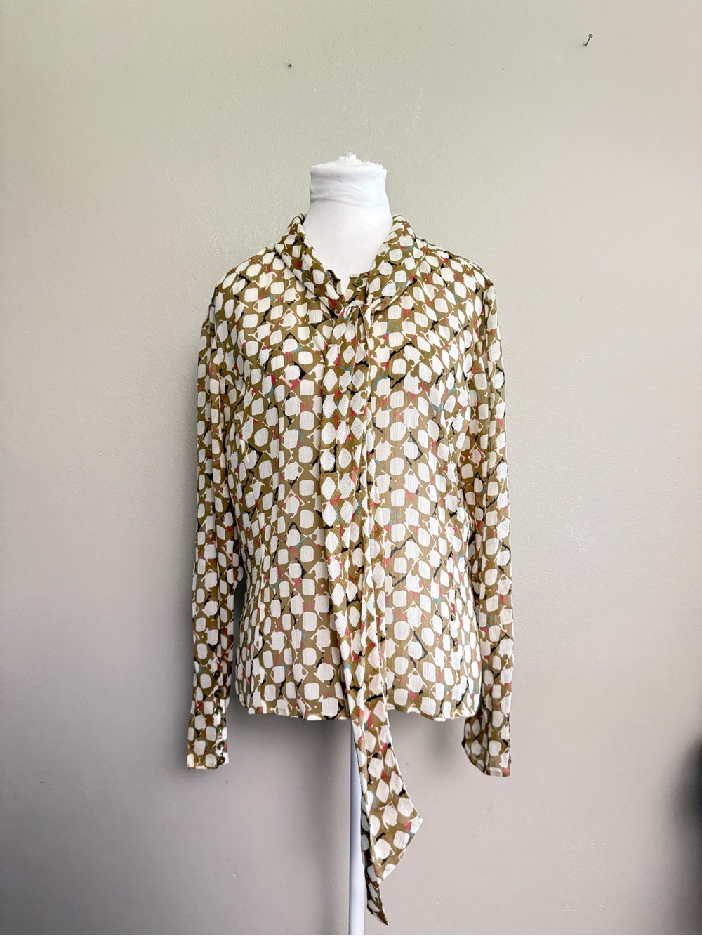 St. John Silk Tie Front Button-Up Sheer Blouse, size 10